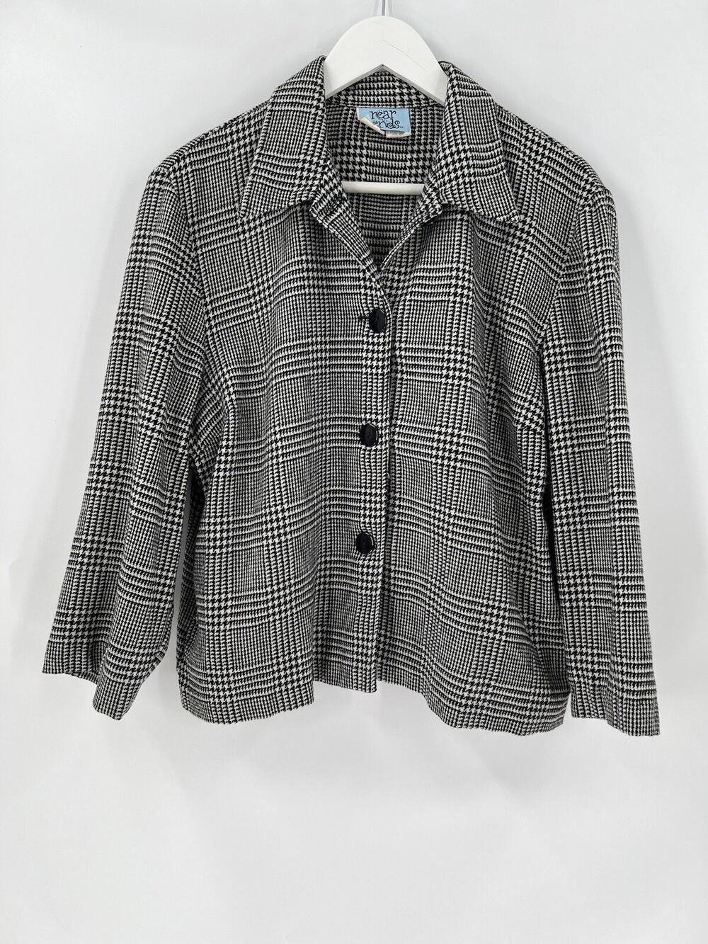 Rear Ends Vintage Blouse Womens Large Black White Houndstooth Plaid Wool Blend